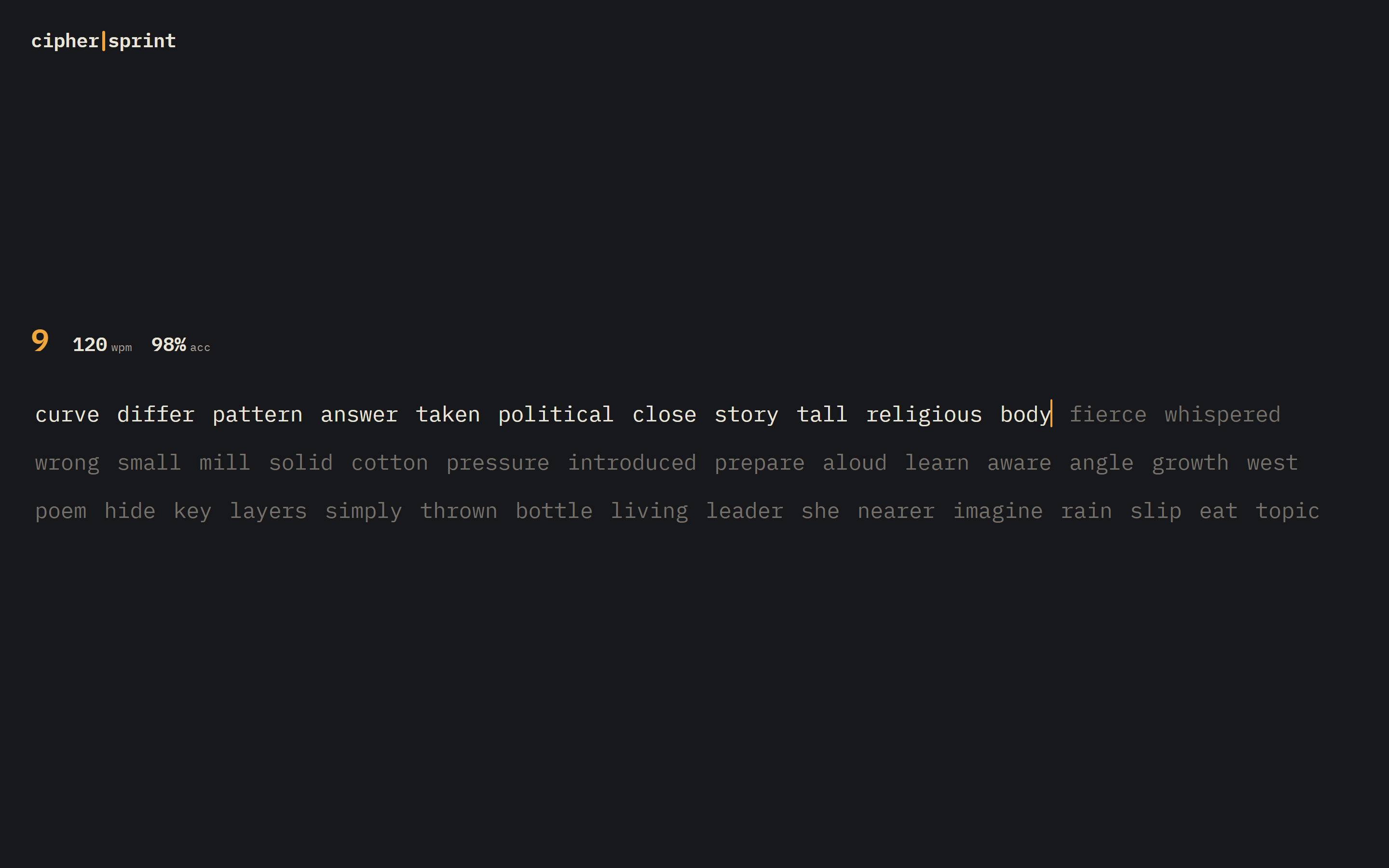 Distraction-free typing: the nav fades away and live wpm sits beside the timer.