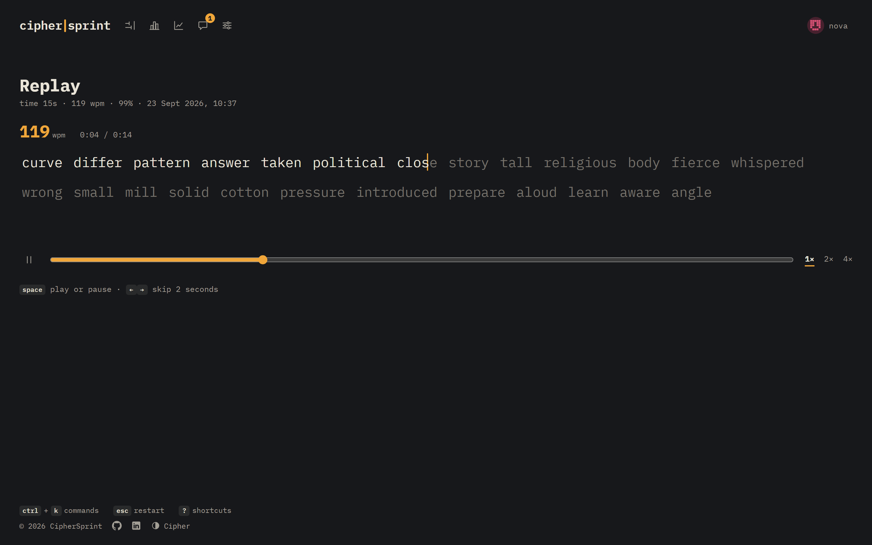 Replay any test keystroke by keystroke, at 1x, 2x or 4x.