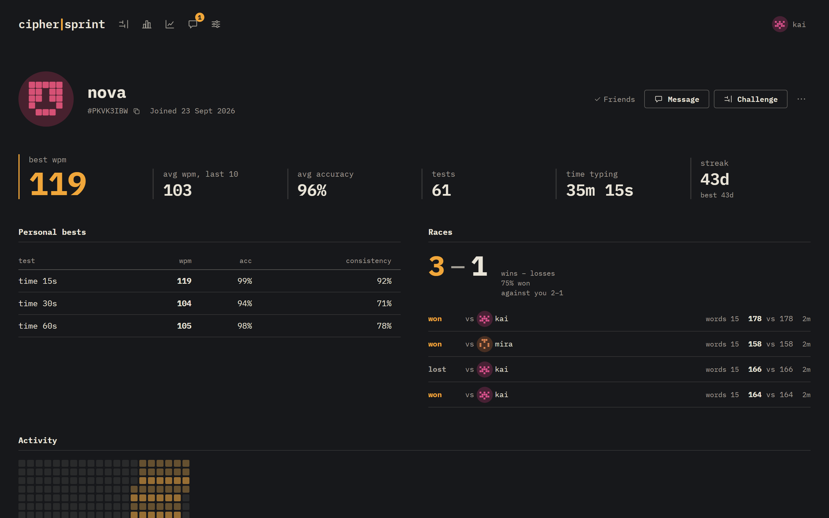 Profiles: bests, activity and the race record, including your head-to-head.