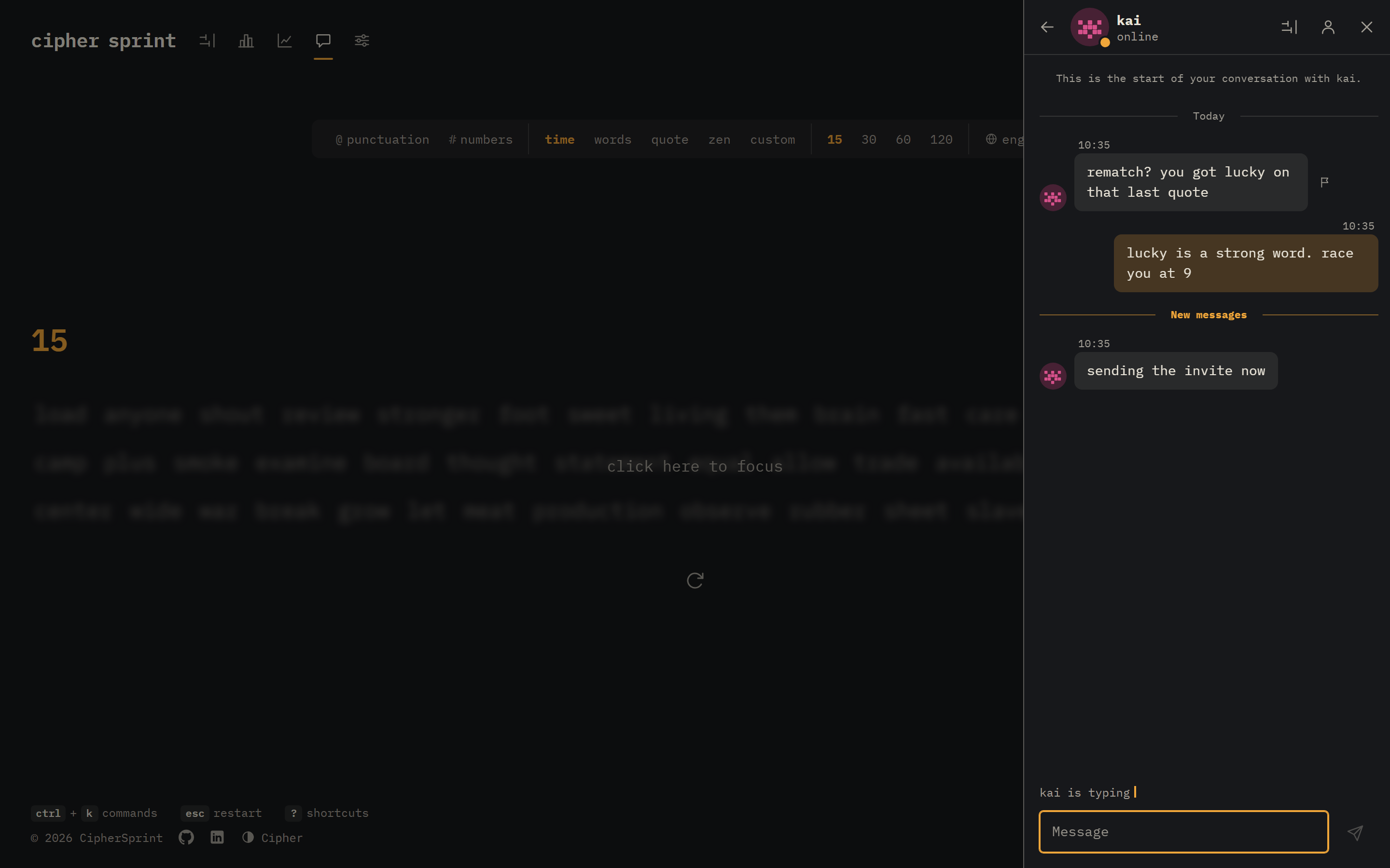 Friends and DMs in real time, with a blinking caret for "typing".