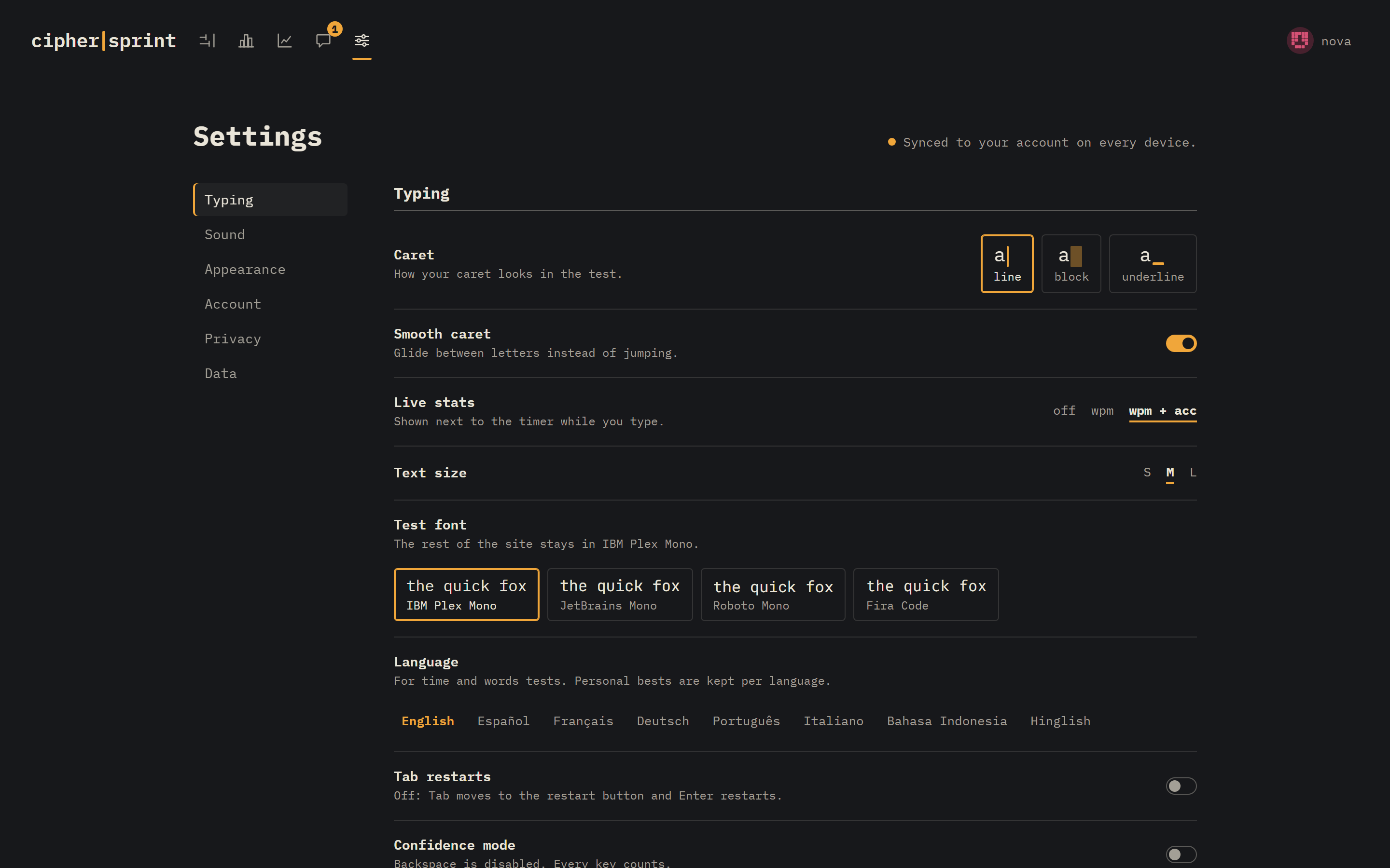 Settings: caret style, fonts, synthesised key sounds, all synced to your account.