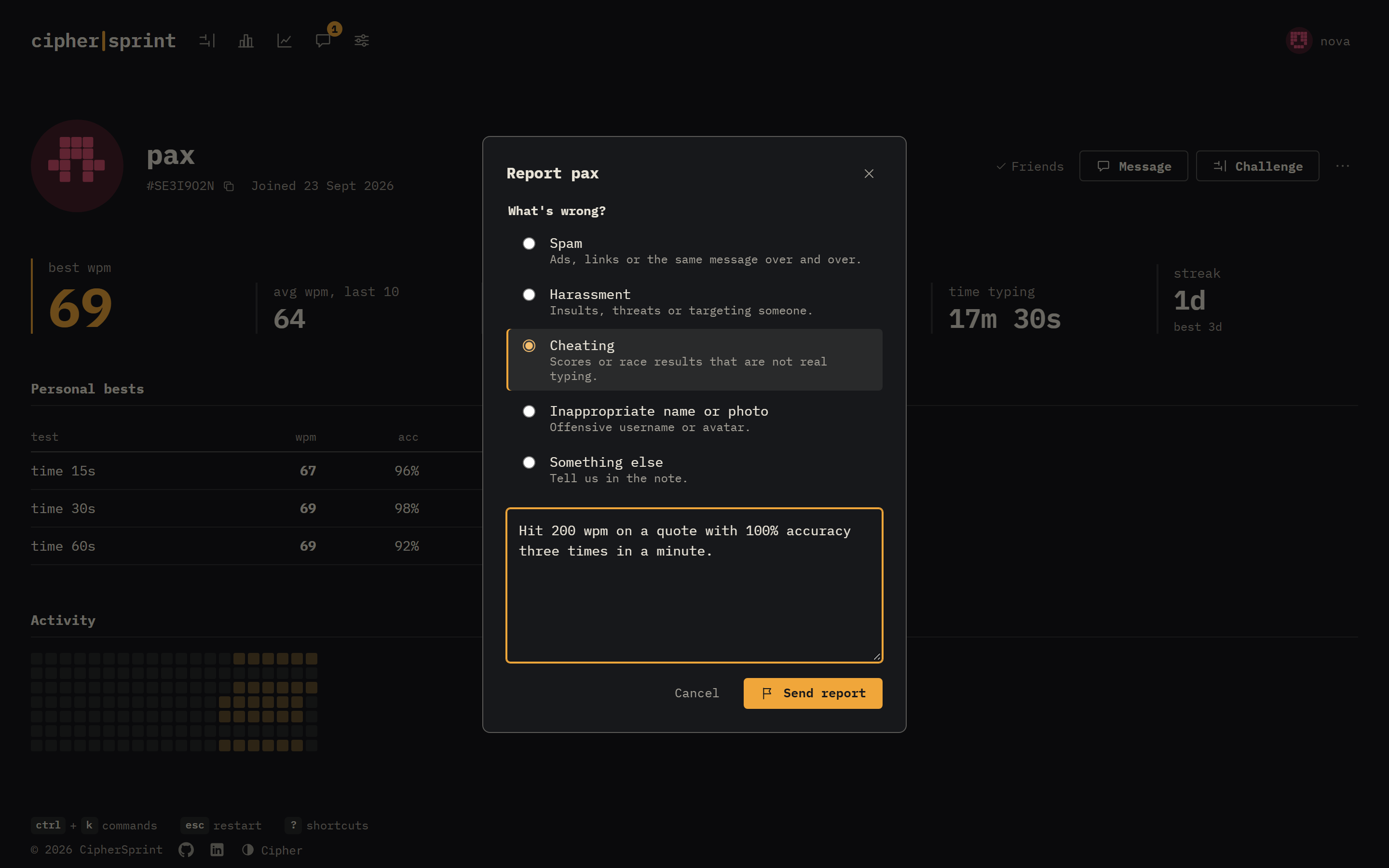 Safety: report or block anyone, with a review queue for admins.
