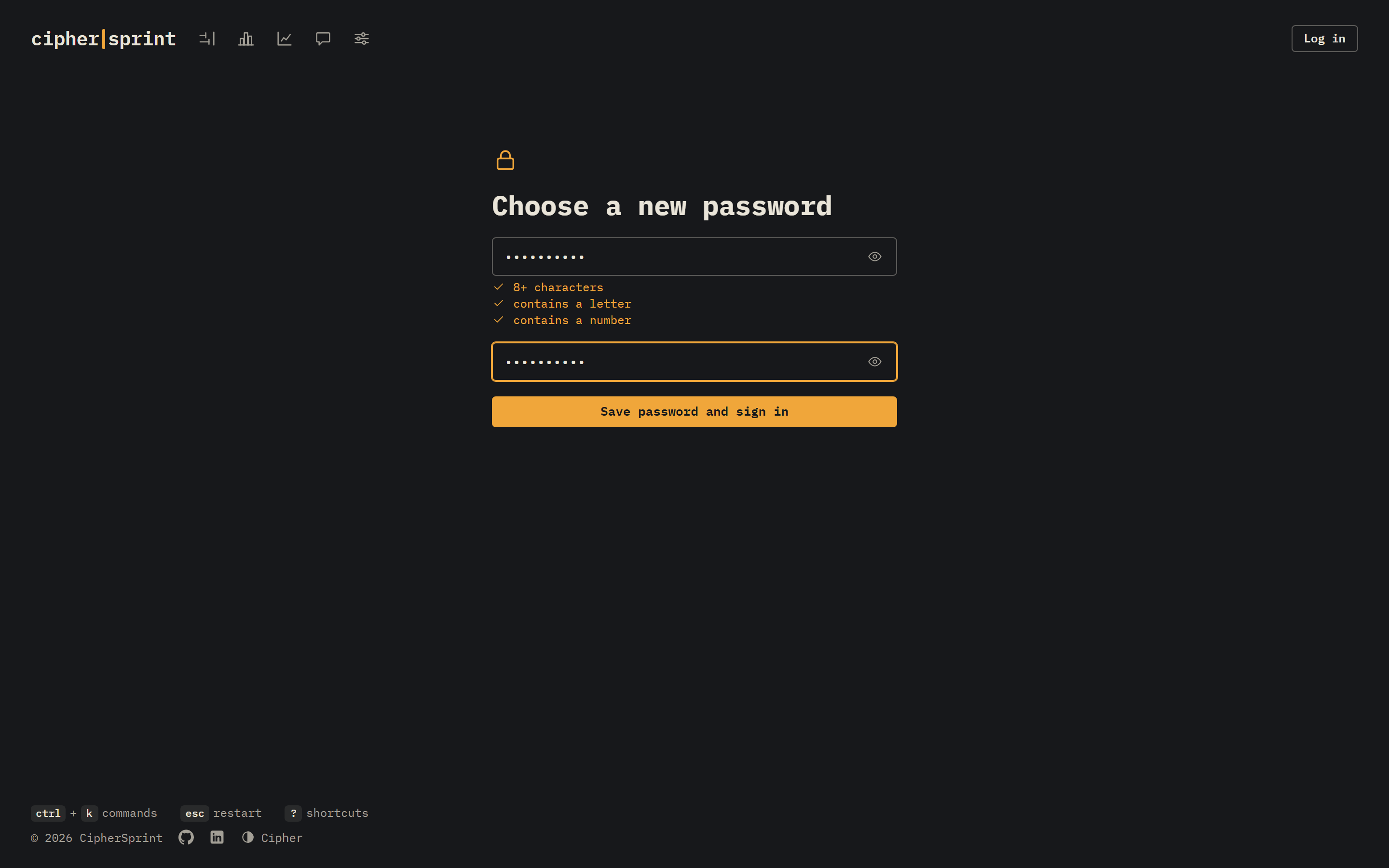 Password reset by email, with one-time links that sign out every other device.