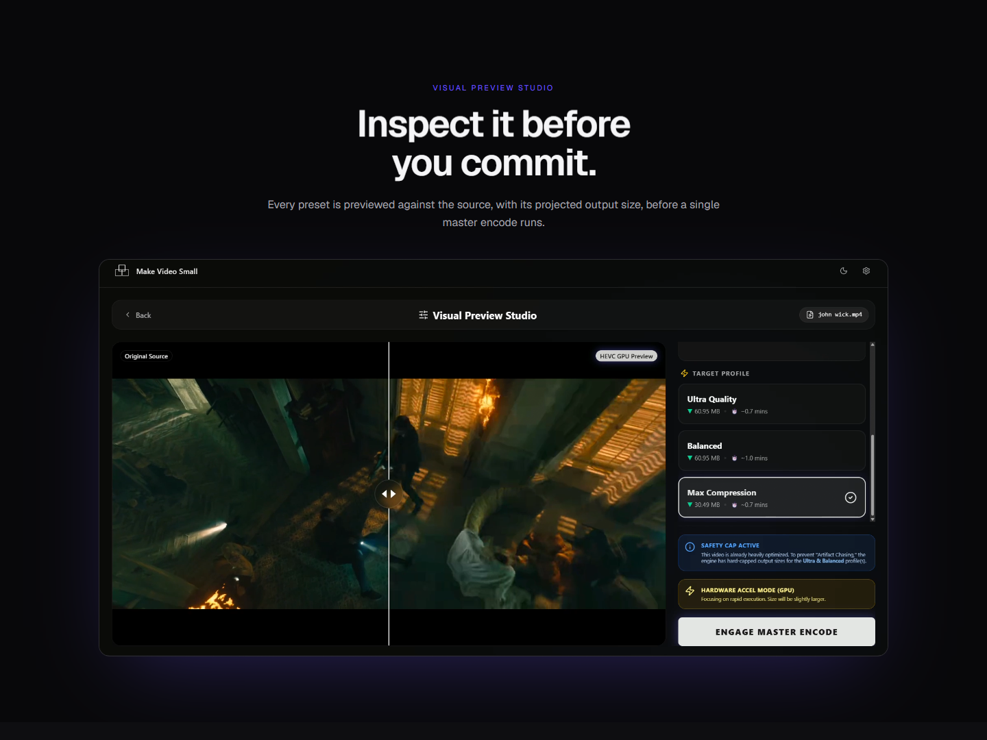 Visual Preview Studio previews every quality preset against the source before the real encode runs.